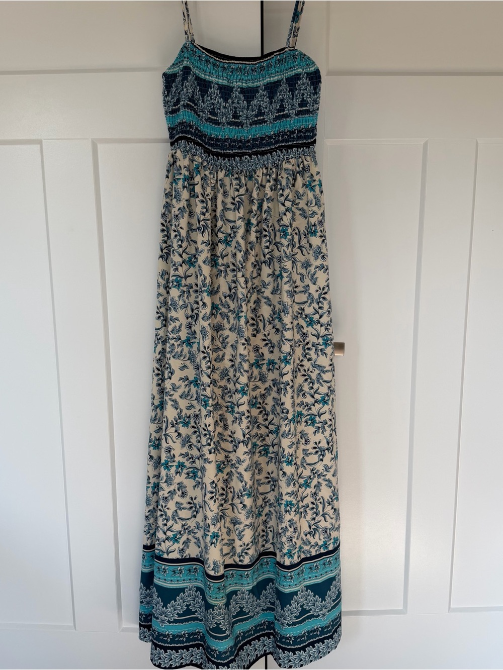 Boho Smocked Maxi Dress Blue Floral Satin Spaghetti Strap Medium Cottagecore - Picture 2 of 11